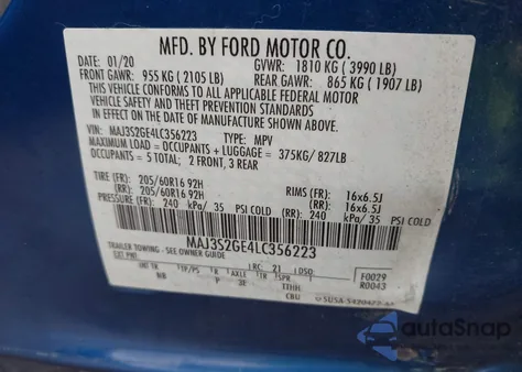 2020 Ford Ecosport Se из США, поврежденный, VIN MAJ3S2GE4LC356223